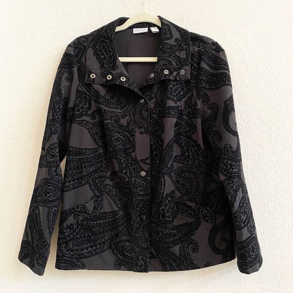 Chico's Black Paisley Neema Flocked Snap Button Long Sleeve Jacket Womans Sz 1 S - Picture 6 of 10
